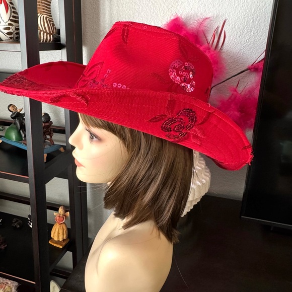 Red Sequined Rose Embroidered Cowboy Hat - Picture 9 of 11